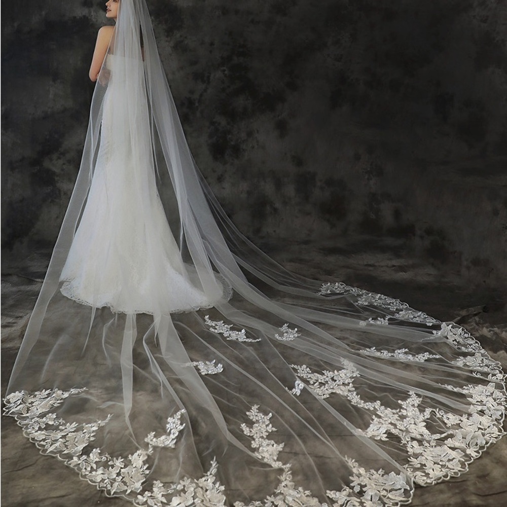 Elegant Long Bridal Veil with Lace Appliqué